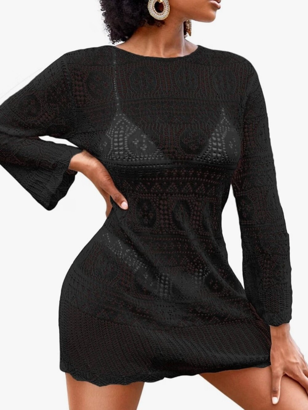Cicibird Crochet Long-Sleeve Coverup Mini Dress